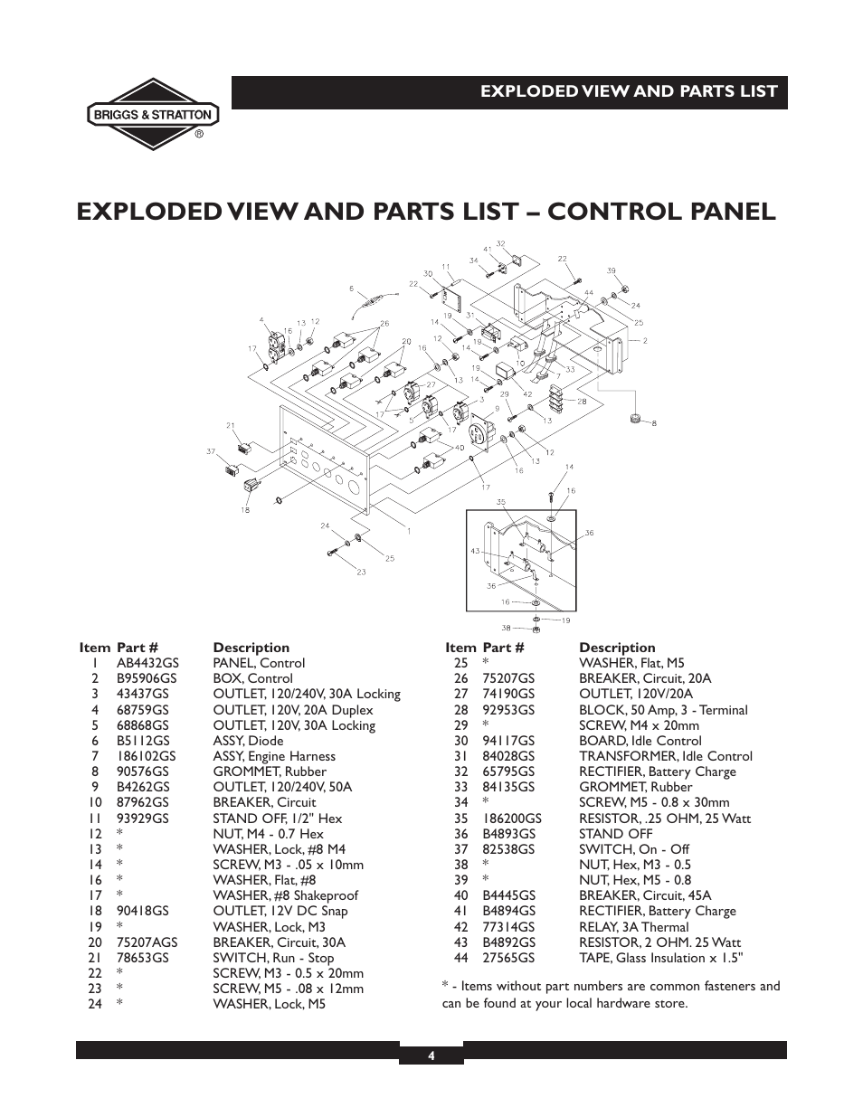 Exploded view and parts list – control panel | Briggs & Stratton Elite 09801-9 User Manual | Page 4 / 6