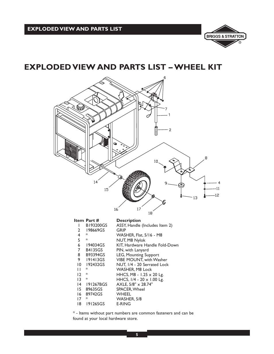 Exploded view and parts list – wheel kit | Briggs & Stratton Elite 09801-9 User Manual | Page 5 / 6