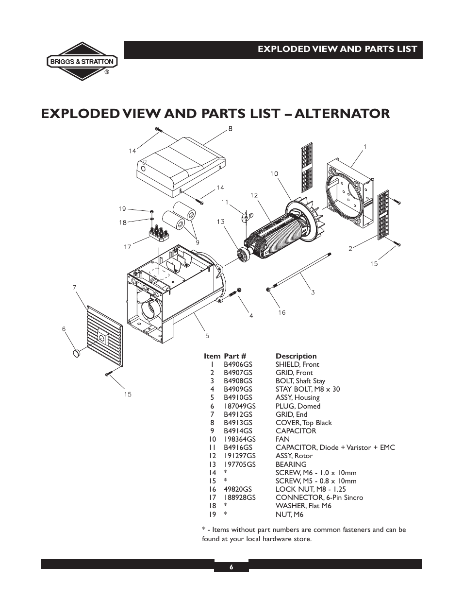 Exploded view and parts list – alternator | Briggs & Stratton Elite 09801-9 User Manual | Page 6 / 6