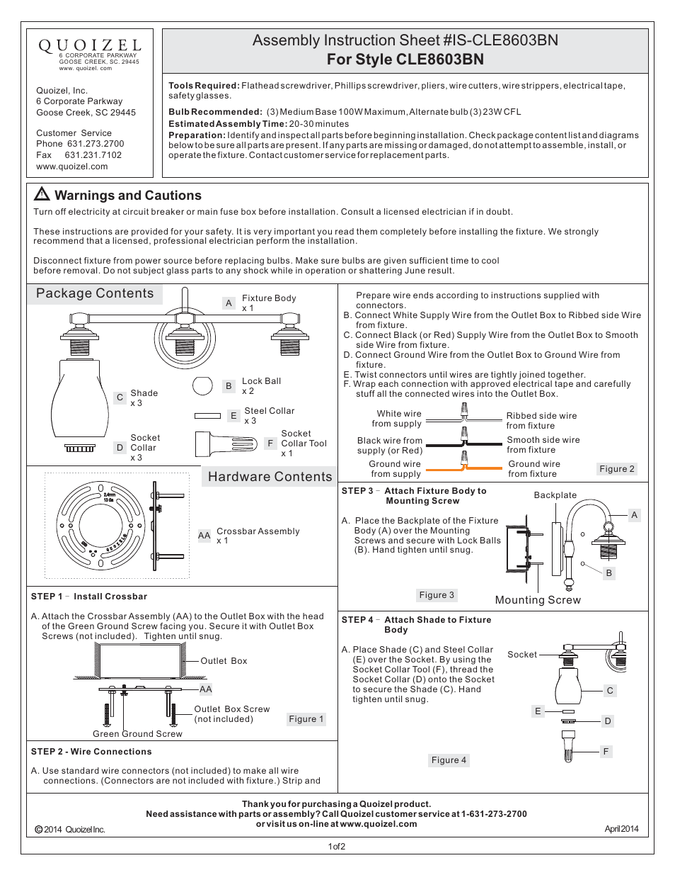 Quoizel CLE8603BN Clarke User Manual | 2 pages