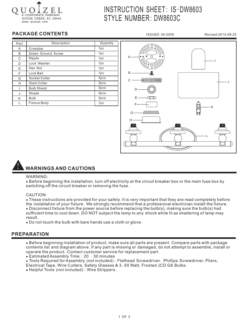 Quoizel DW8603C Downtown User Manual | 3 pages