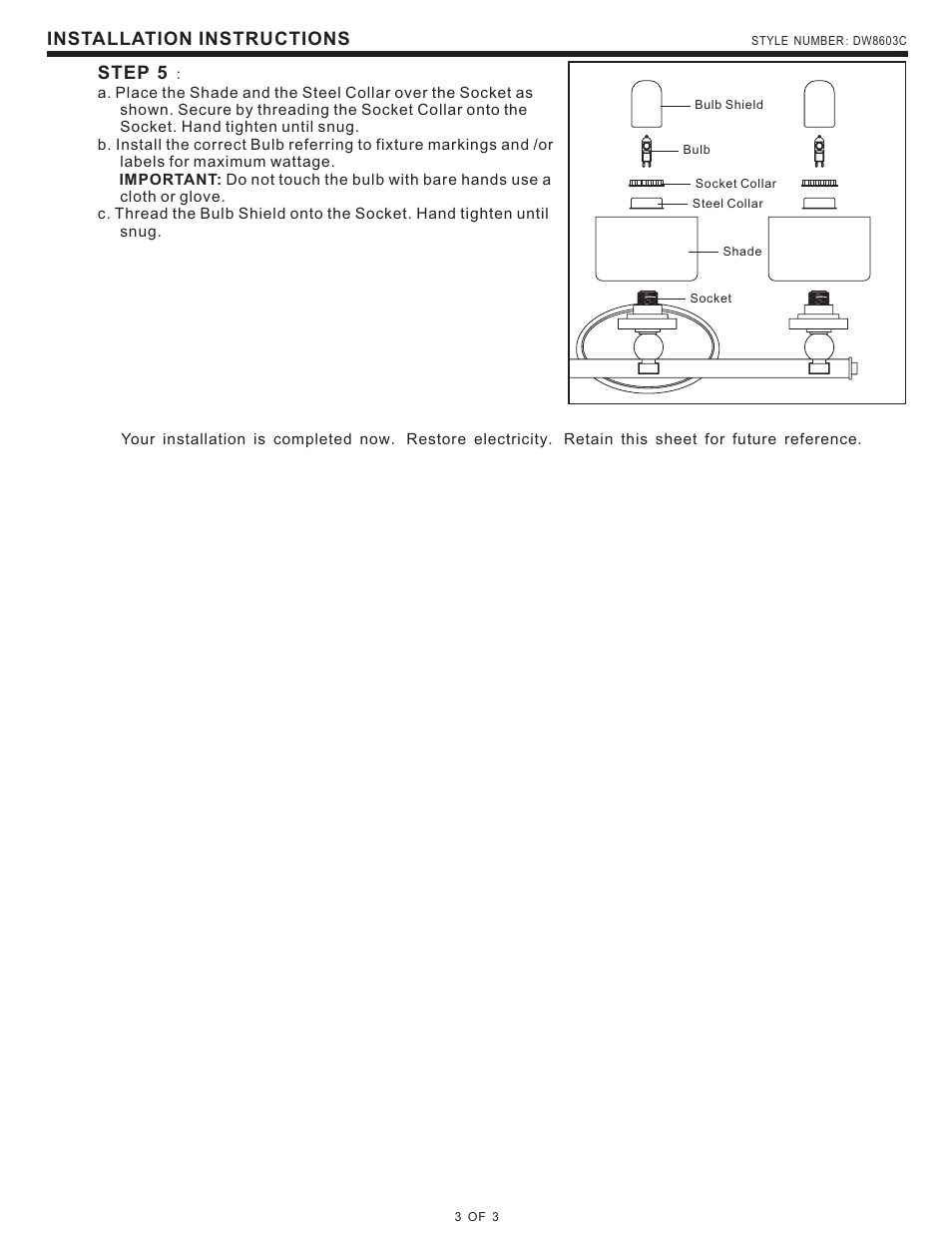 Installation instructions, Step 5 | Quoizel DW8603C Downtown User Manual | Page 3 / 3