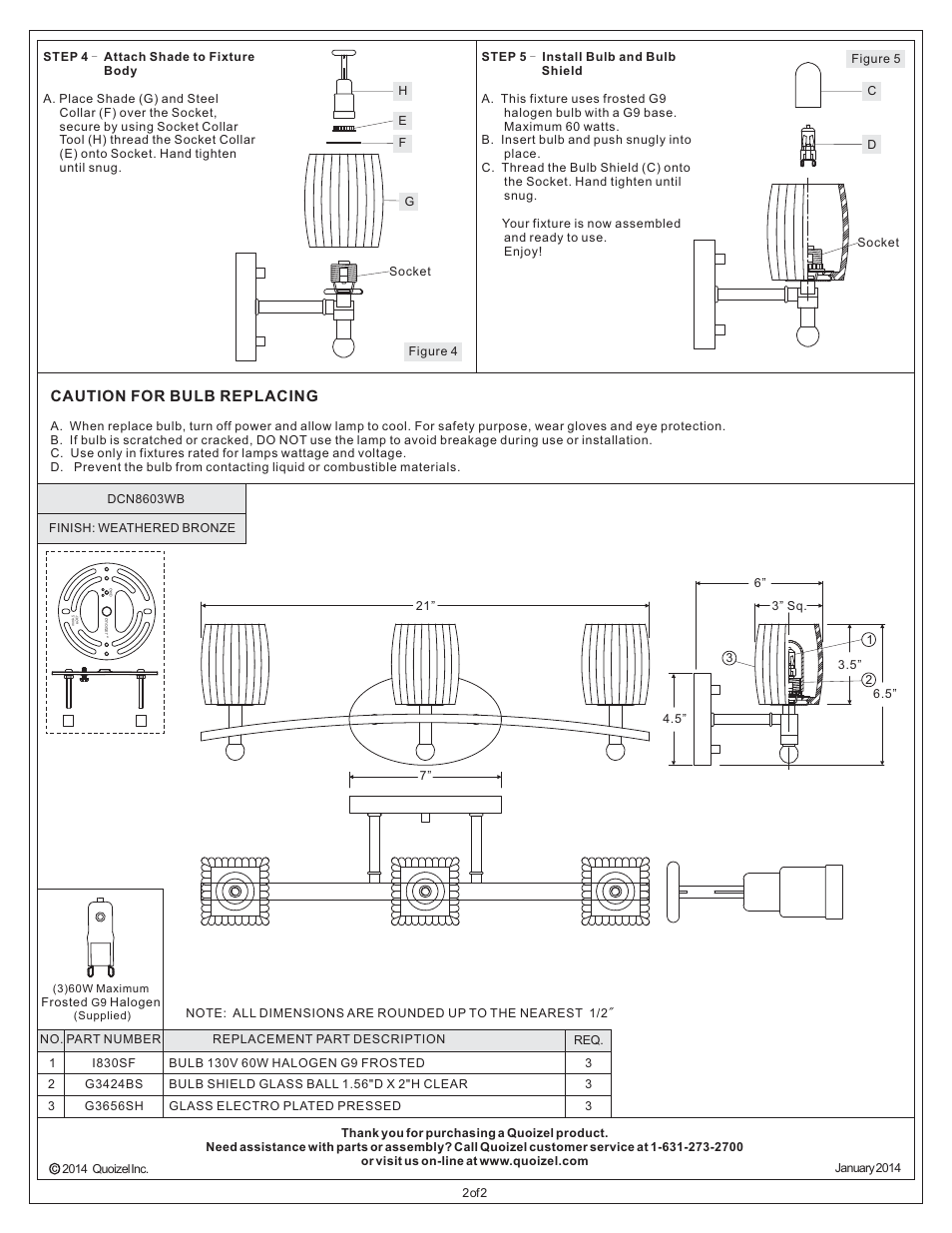 Caution for bulb replacing | Quoizel DCN8603WB Duncan User Manual | Page 2 / 2