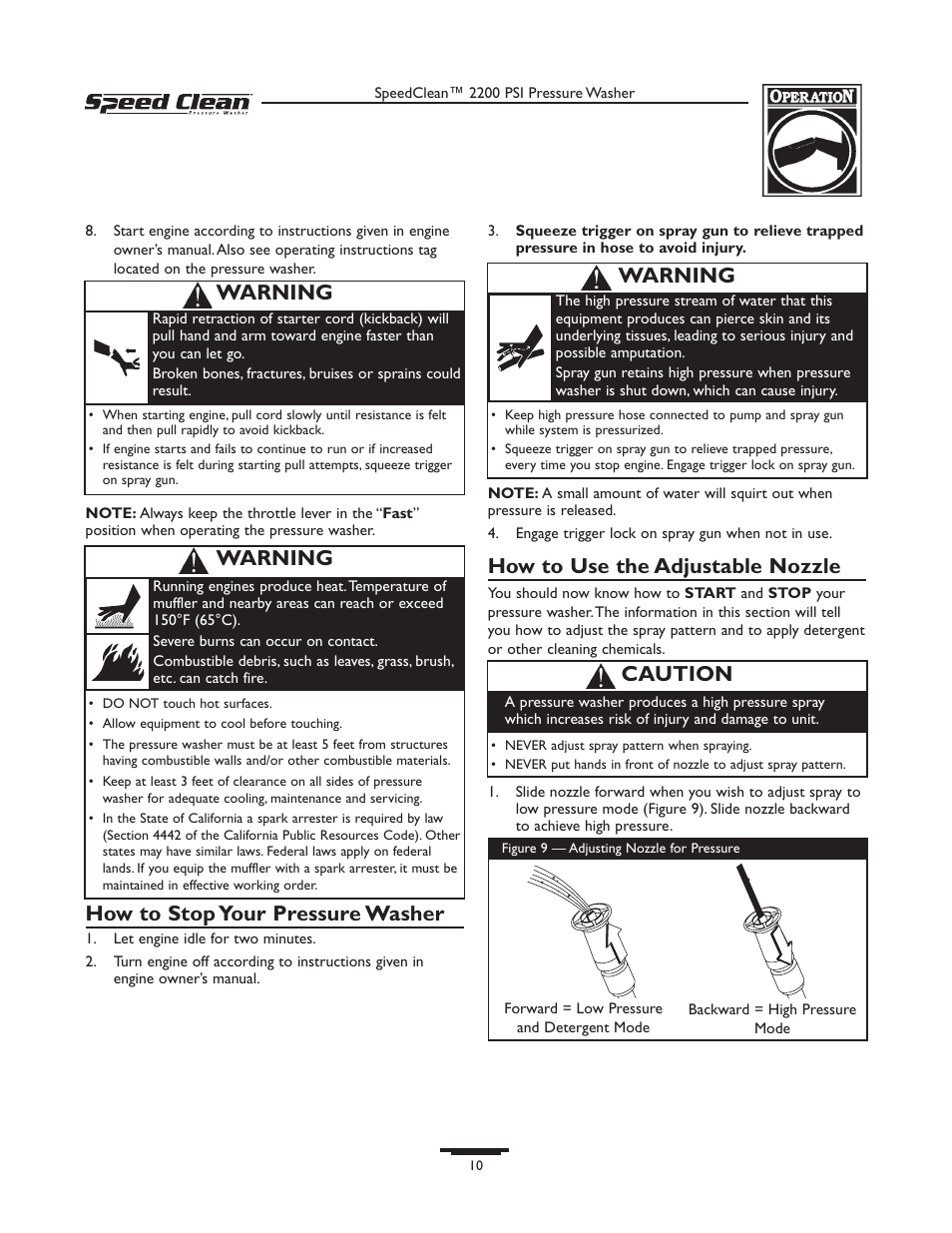 How to stop your pressure washer, How to use the adjustable nozzle, Caution | Warning | Briggs & Stratton 020239-1 User Manual | Page 10 / 32
