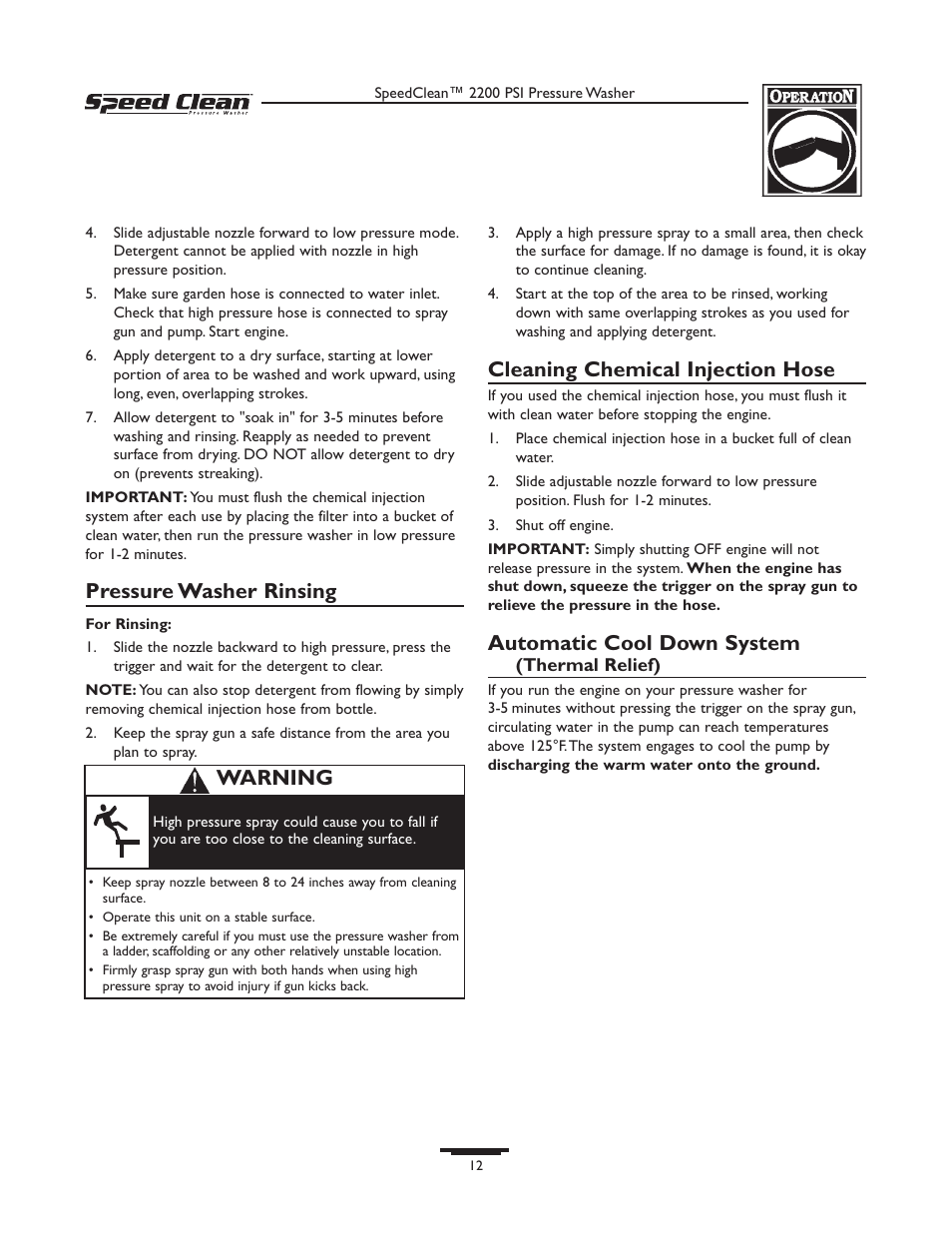 Pressure washer rinsing, Cleaning chemical injection hose, Automatic cool down system | Warning | Briggs & Stratton 020239-1 User Manual | Page 12 / 32
