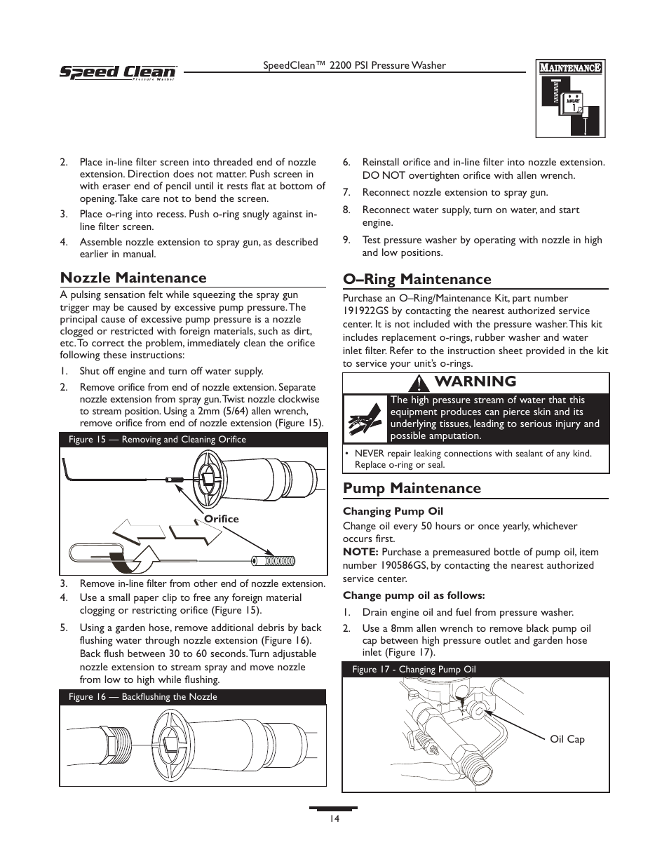 Nozzle maintenance, O–ring maintenance, Pump maintenance | Warning | Briggs & Stratton 020239-1 User Manual | Page 14 / 32