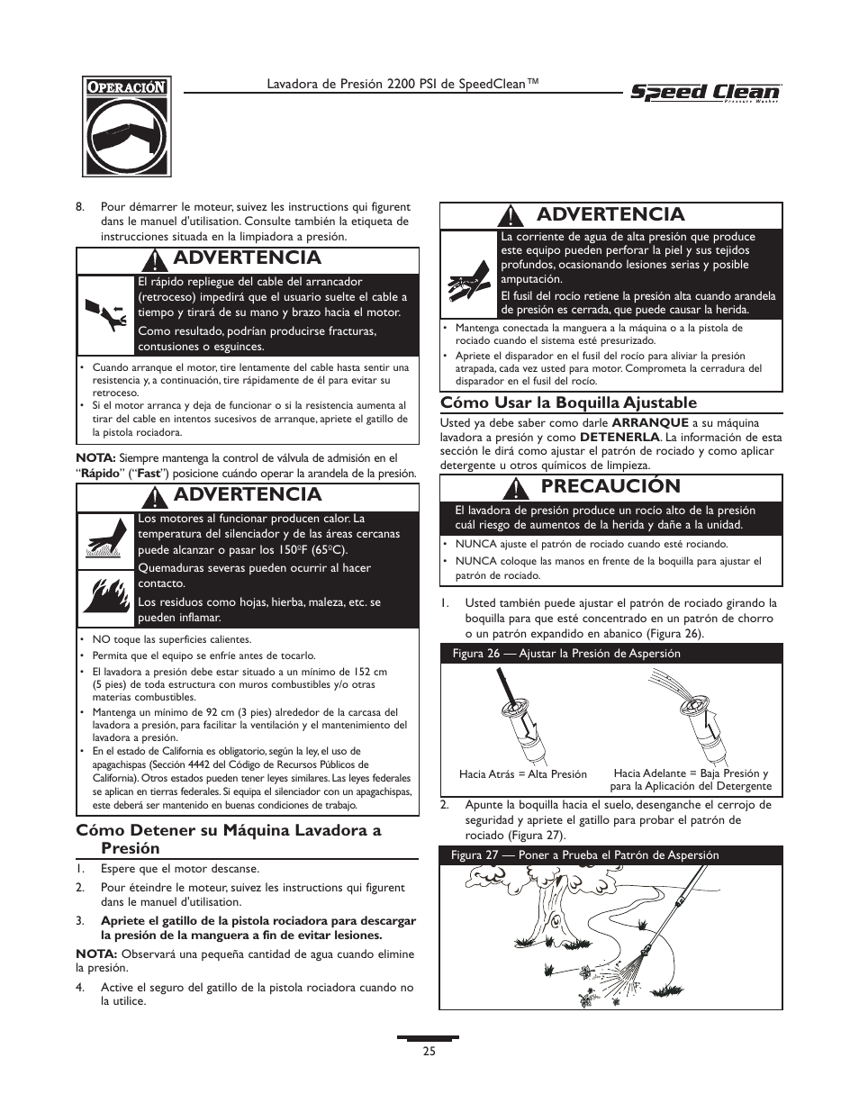 Precaución, Advertencia, Cómo detener su máquina lavadora a presión | Cómo usar la boquilla ajustable | Briggs & Stratton 020239-1 User Manual | Page 25 / 32