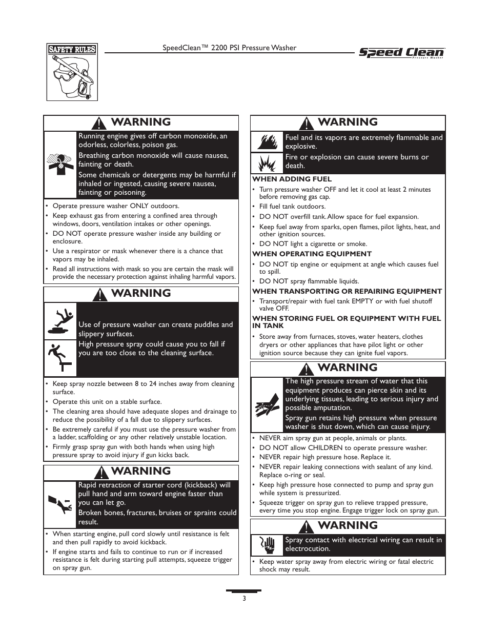 Warning | Briggs & Stratton 020239-1 User Manual | Page 3 / 32