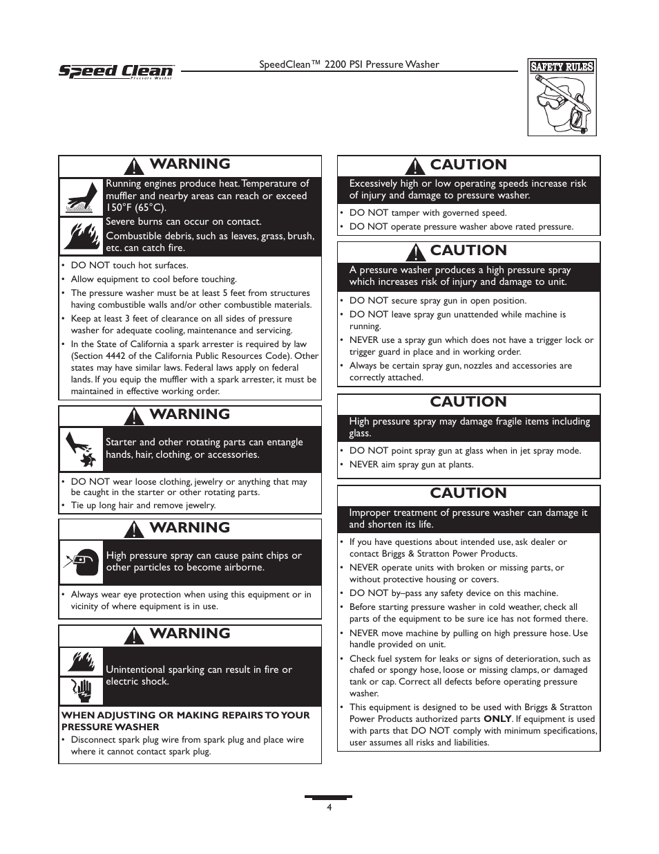 Caution, Warning | Briggs & Stratton 020239-1 User Manual | Page 4 / 32