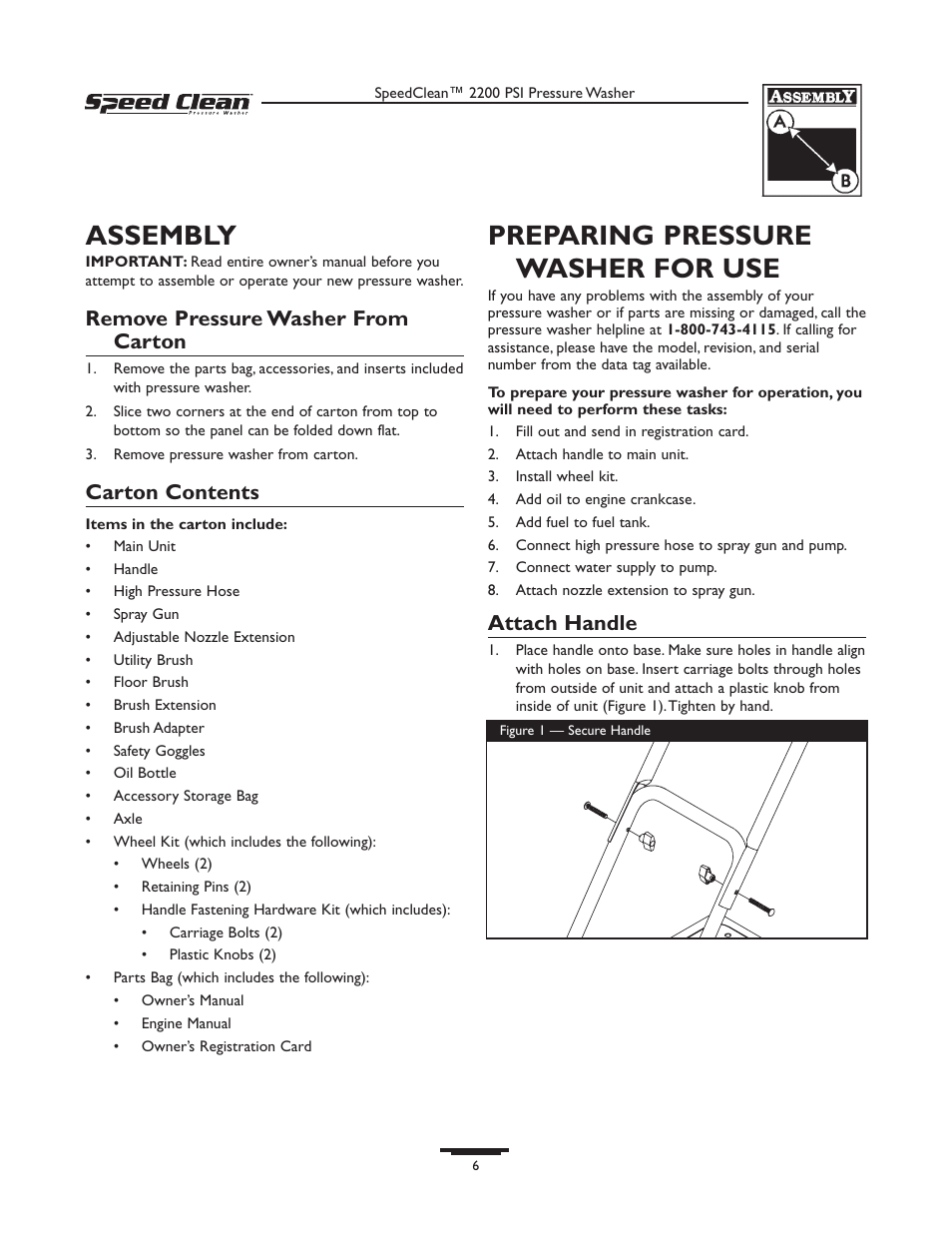 Assembly, Preparing pressure washer for use, Remove pressure washer from carton | Carton contents, Attach handle | Briggs & Stratton 020239-1 User Manual | Page 6 / 32