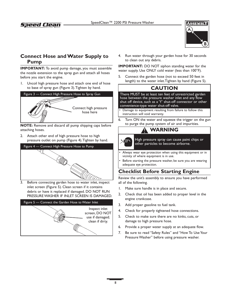 Connect hose and water supply to pump, Checklist before starting engine, Caution | Warning | Briggs & Stratton 020239-1 User Manual | Page 8 / 32
