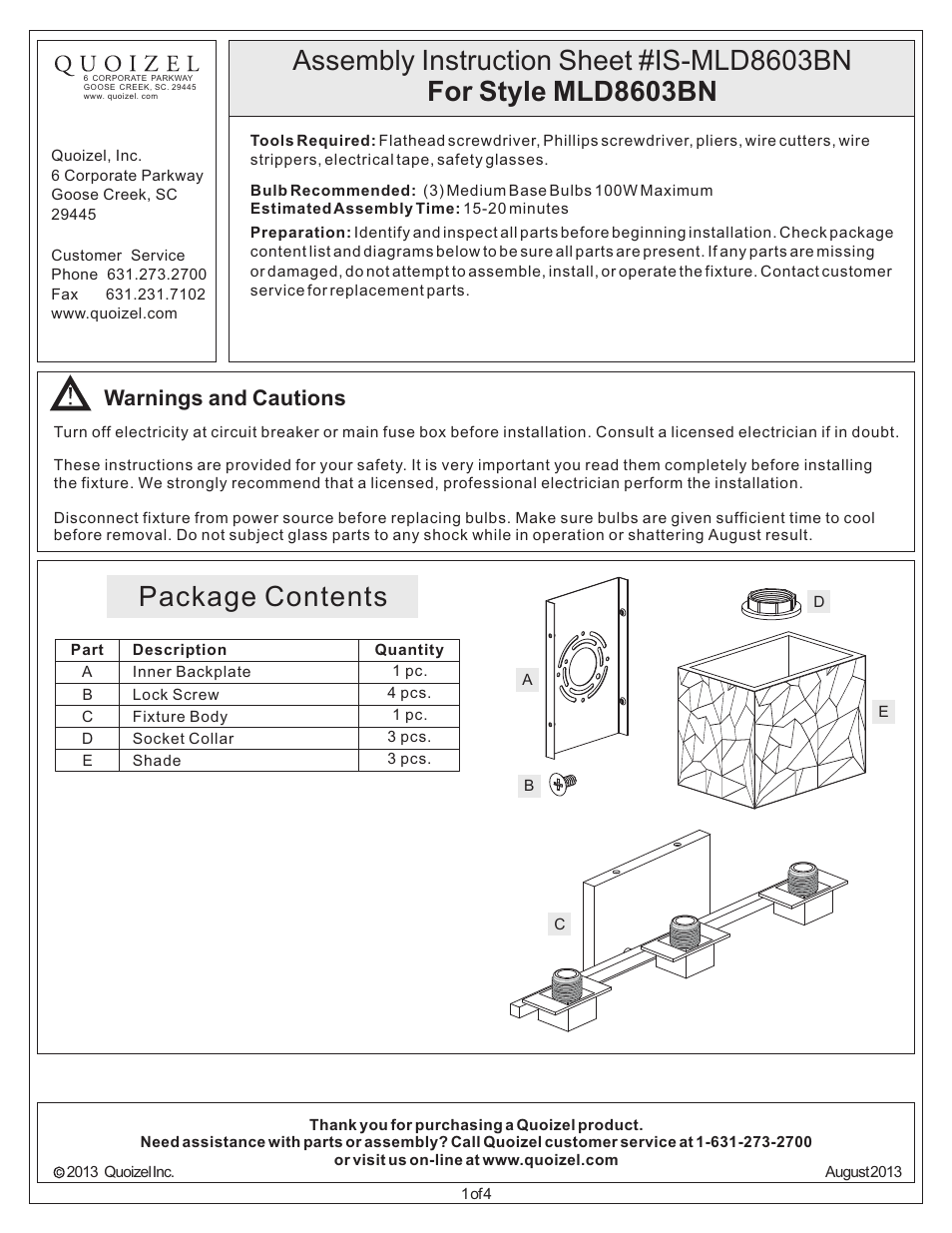 Quoizel MLD8603BN Melody User Manual | 4 pages