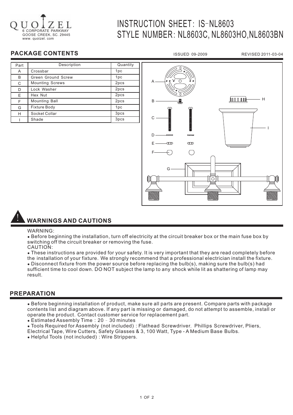 Quoizel NL8603BN Nicholas User Manual | 2 pages