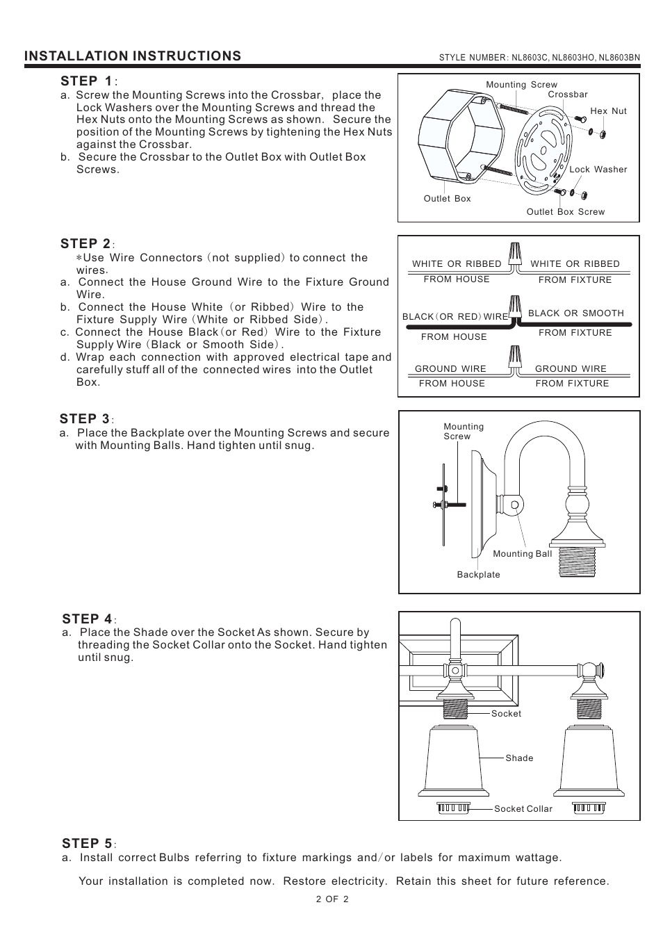 Step 1, Installation instructions, Step 2 | Step 3, Step 4, Step 5 | Quoizel NL8603BN Nicholas User Manual | Page 2 / 2