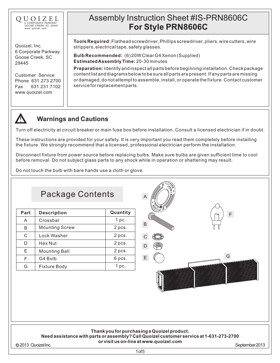 Quoizel PRN8606C Paragon User Manual | 5 pages