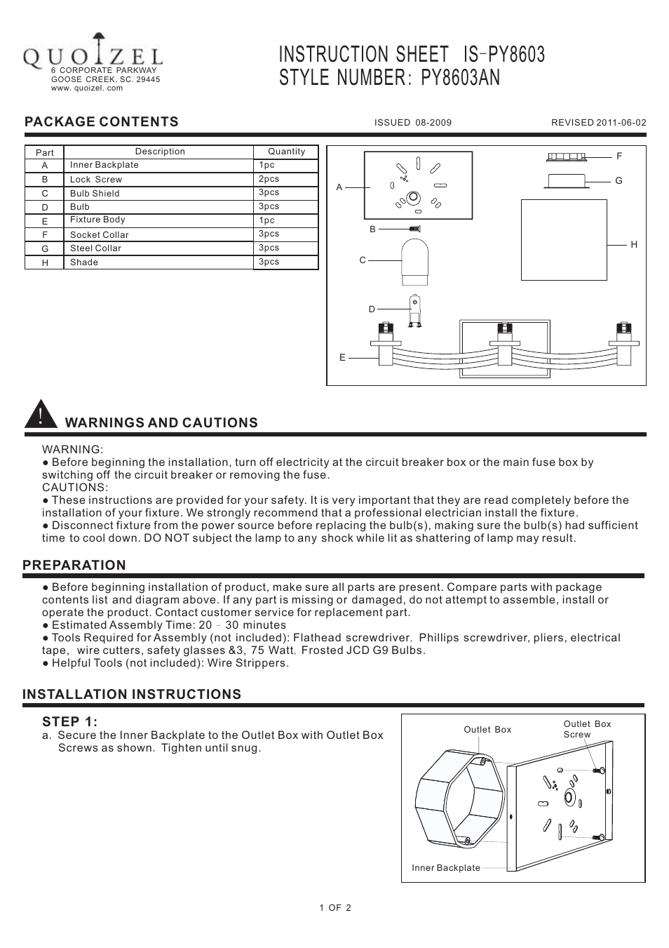 Quoizel PY8603AN Perry User Manual | 2 pages