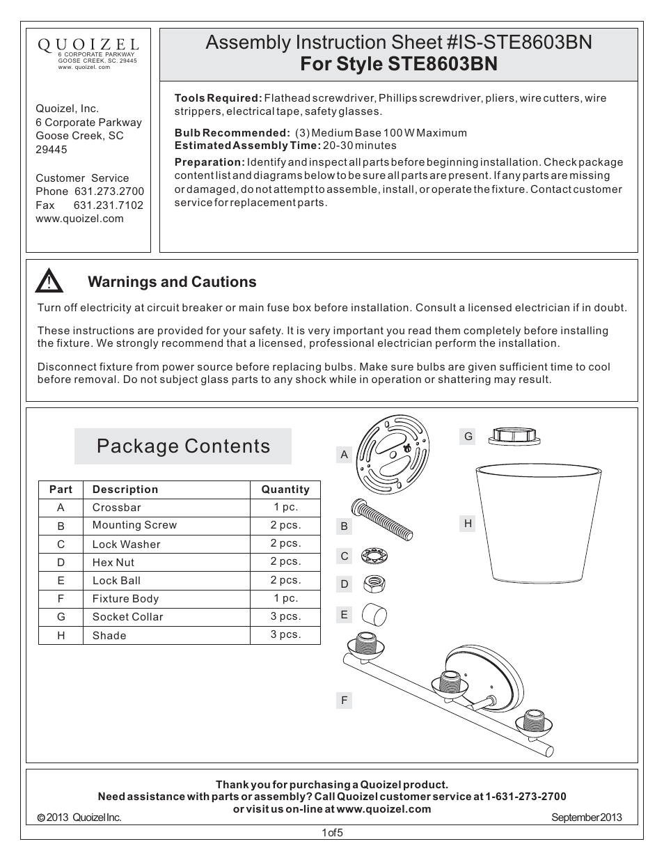 Quoizel STE8603BN Stowe User Manual | 5 pages