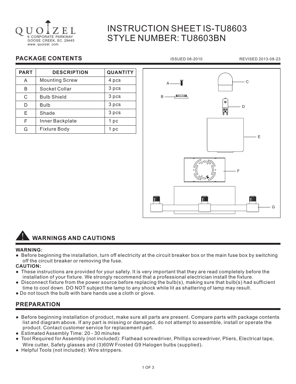 Quoizel TU8603BN Tatum User Manual | 3 pages