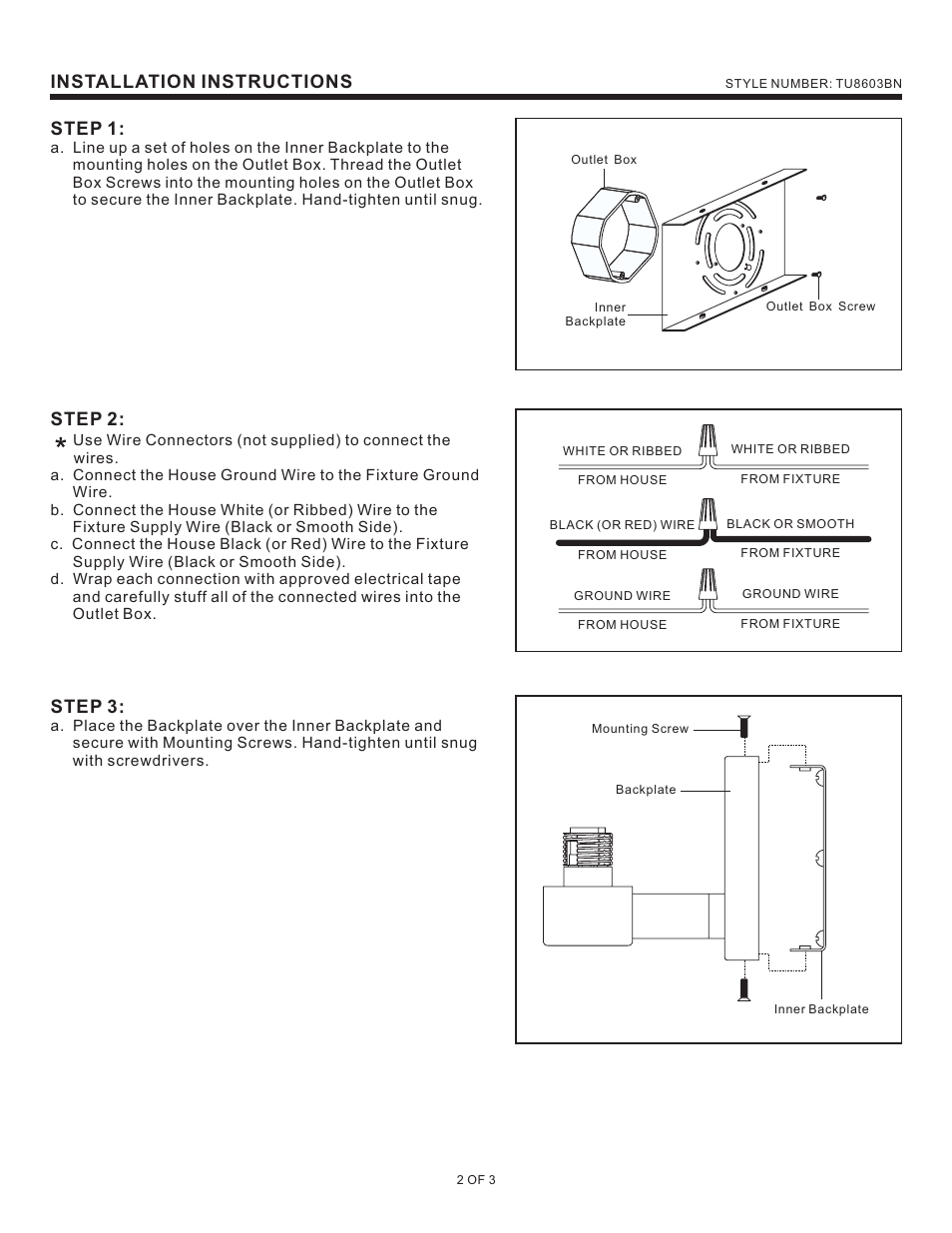 Installation instructions, Step 1, Step 2 | Step 3 | Quoizel TU8603BN Tatum User Manual | Page 2 / 3