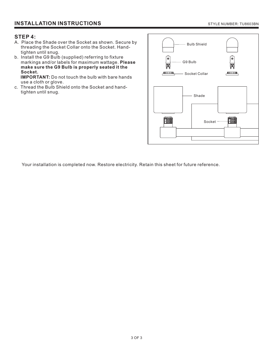 Installation instructions step 4 | Quoizel TU8603BN Tatum User Manual | Page 3 / 3