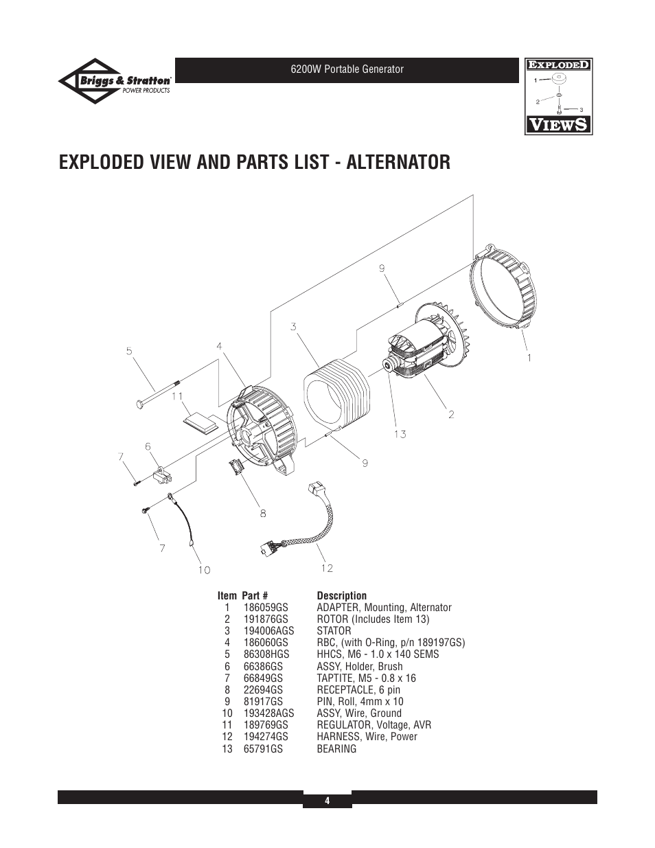 Exploded view and parts list - alternator | Briggs & Stratton 030211-1 User Manual | Page 4 / 6