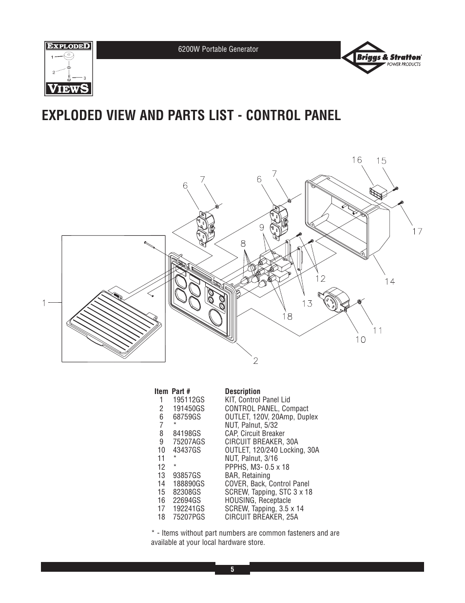Exploded view and parts list - control panel | Briggs & Stratton 030211-1 User Manual | Page 5 / 6