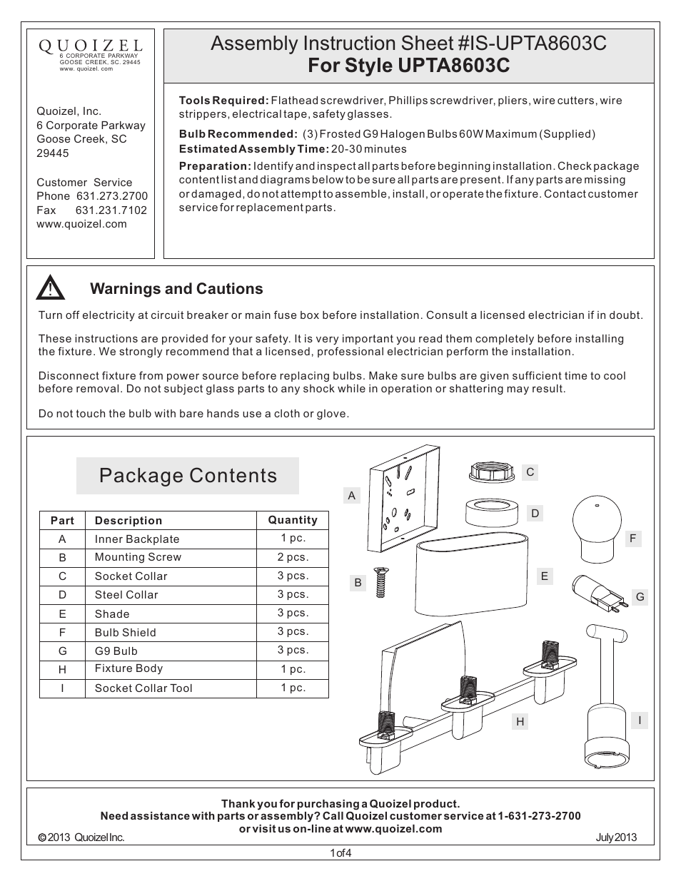 Quoizel UPTA8603C Uptown 3rd Ave User Manual | 4 pages