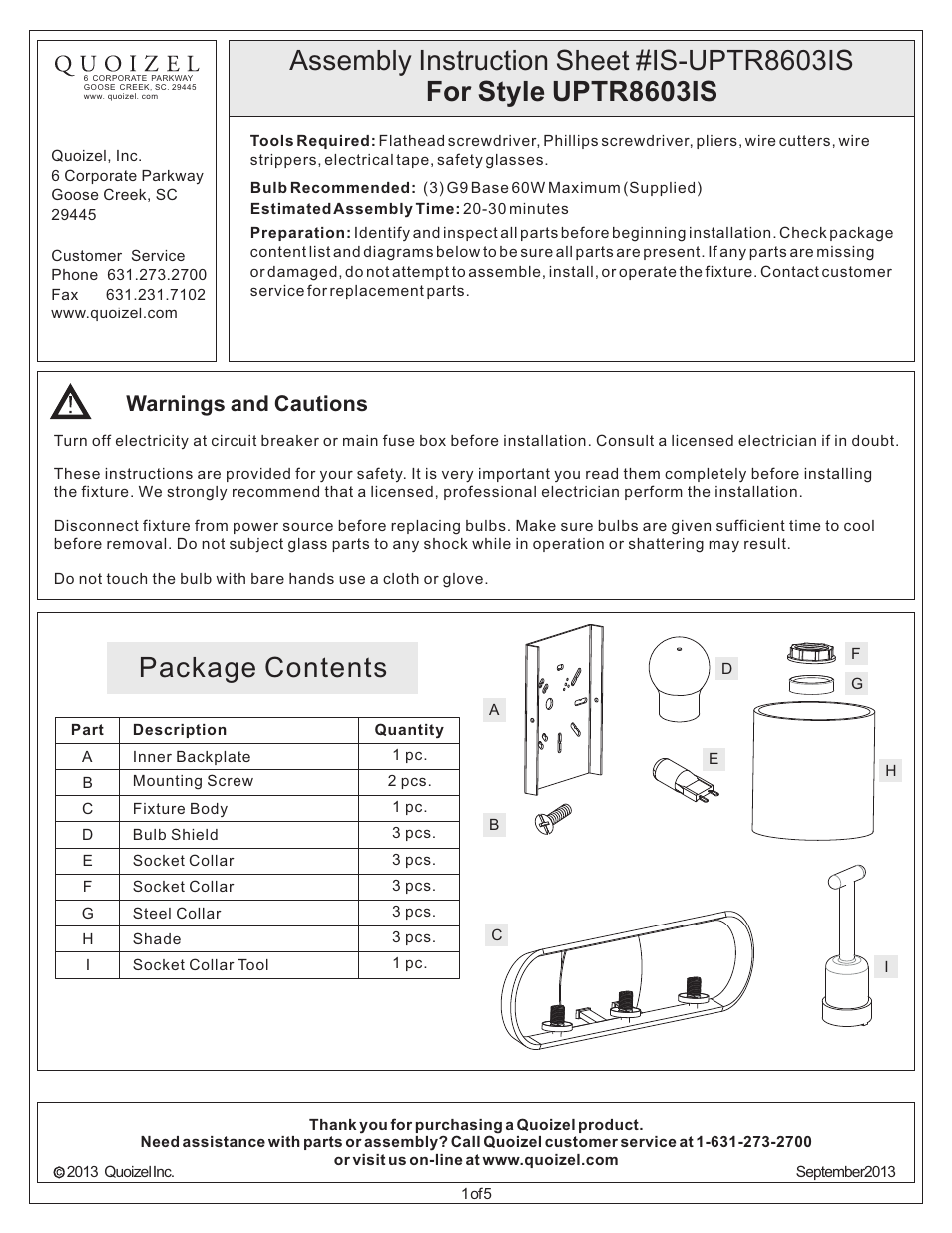 Quoizel UPTR8603IS Uptown Theater Row User Manual | 5 pages