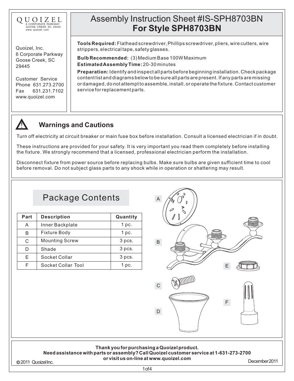 Quoizel SPH8703BN Sophia User Manual | 4 pages