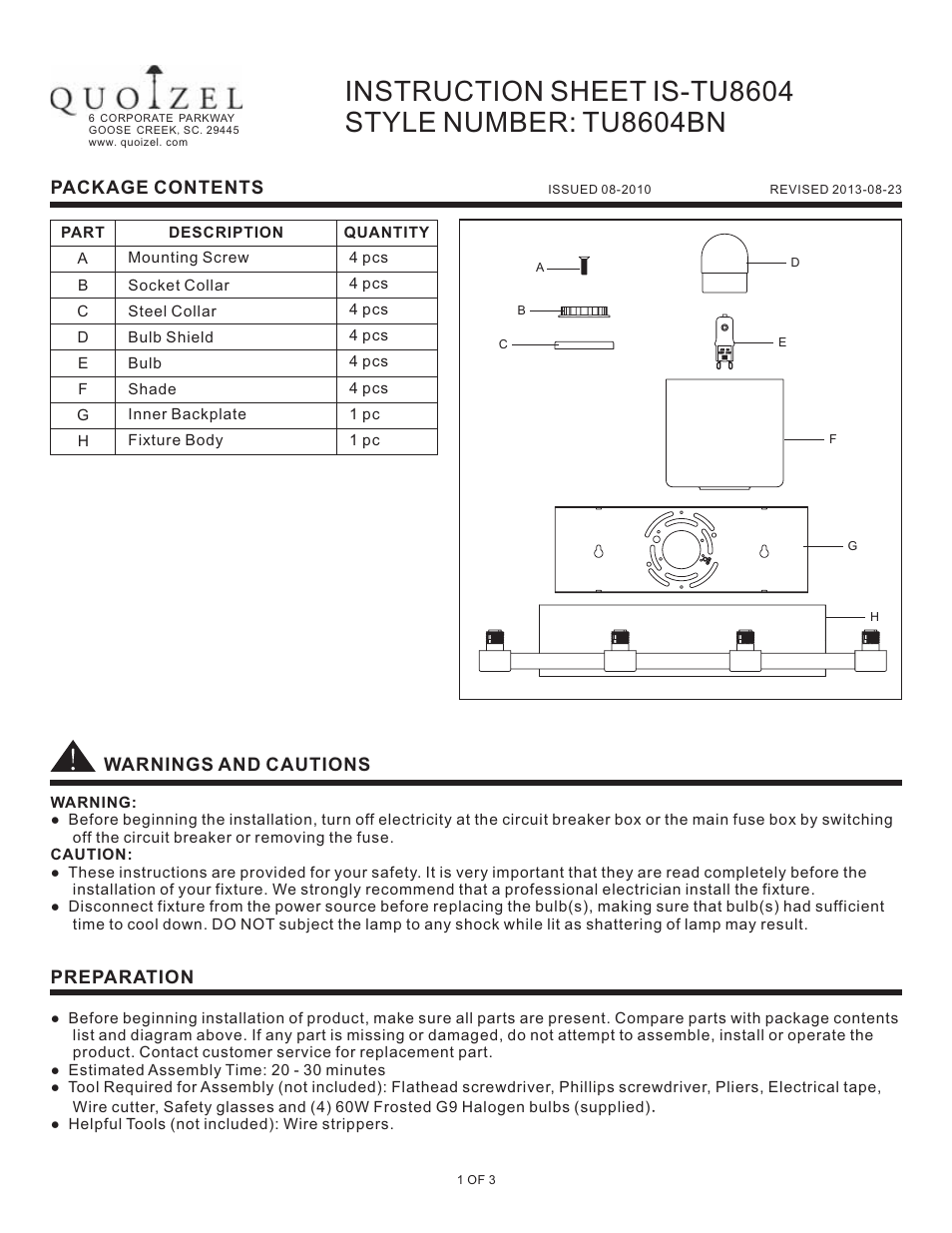 Quoizel TU8604BN Tatum User Manual | 3 pages