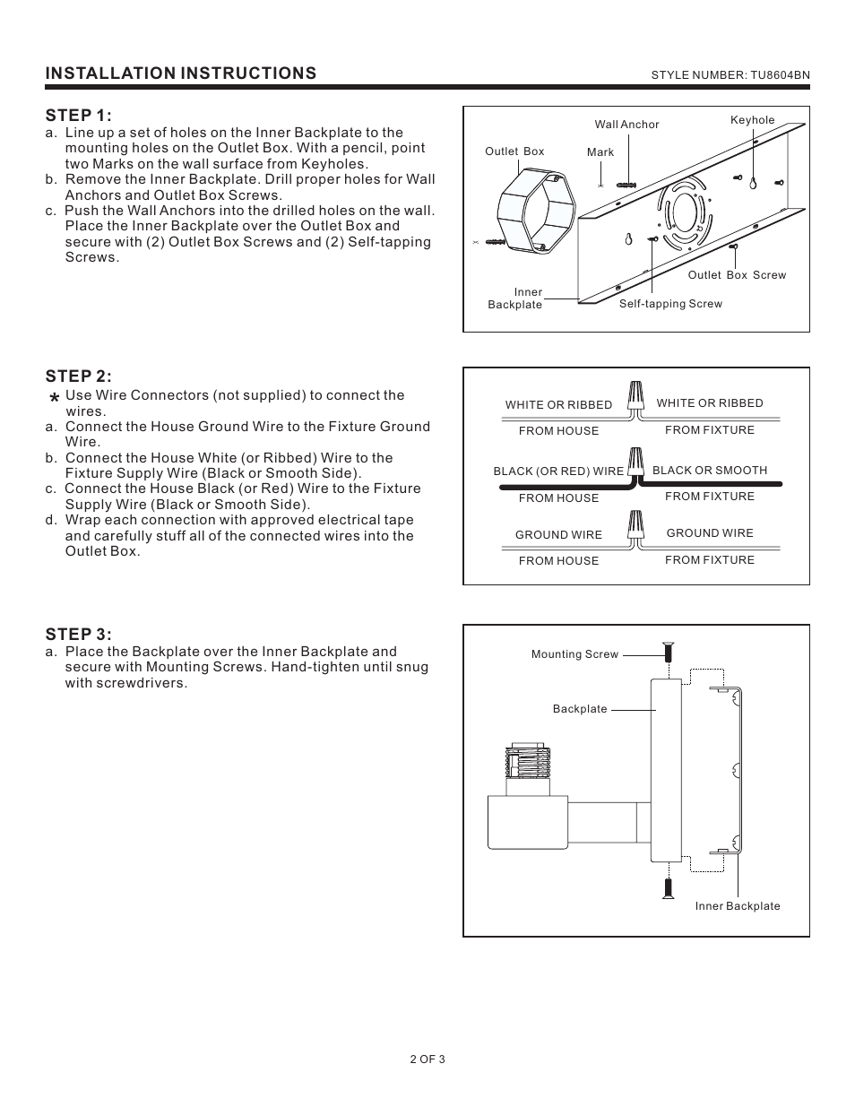 Installation instructions, Step 1, Step 2 | Step 3 | Quoizel TU8604BN Tatum User Manual | Page 2 / 3