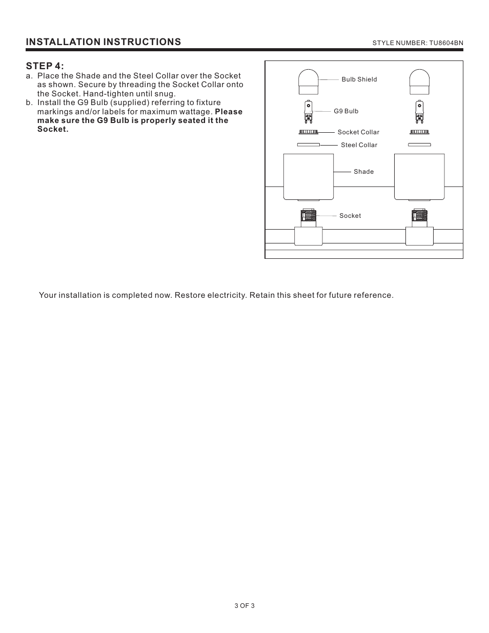 Installation instructions step 4 | Quoizel TU8604BN Tatum User Manual | Page 3 / 3