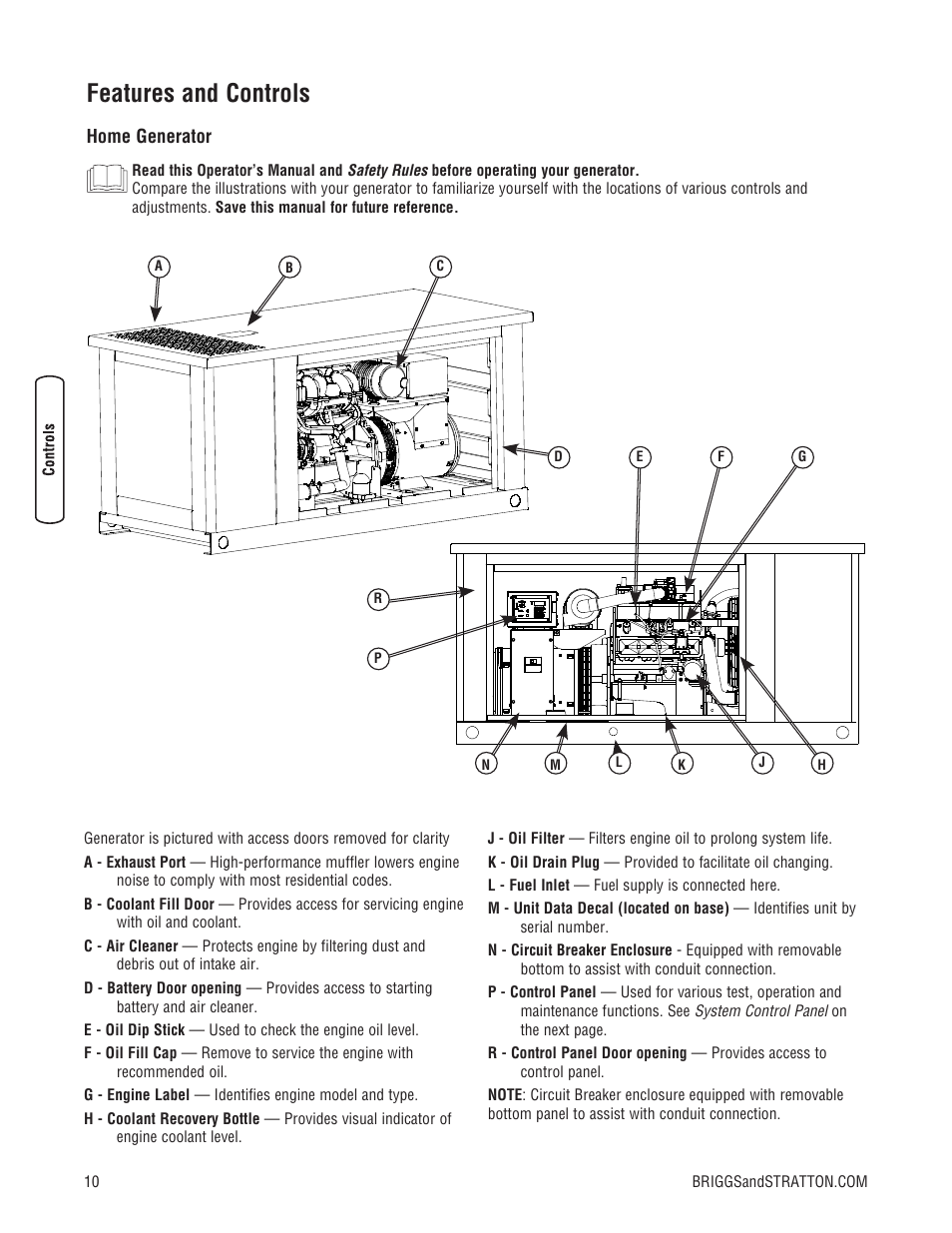 Features and controls | Briggs & Stratton Liquid-Cooled Home Generator System User Manual | Page 10 / 68