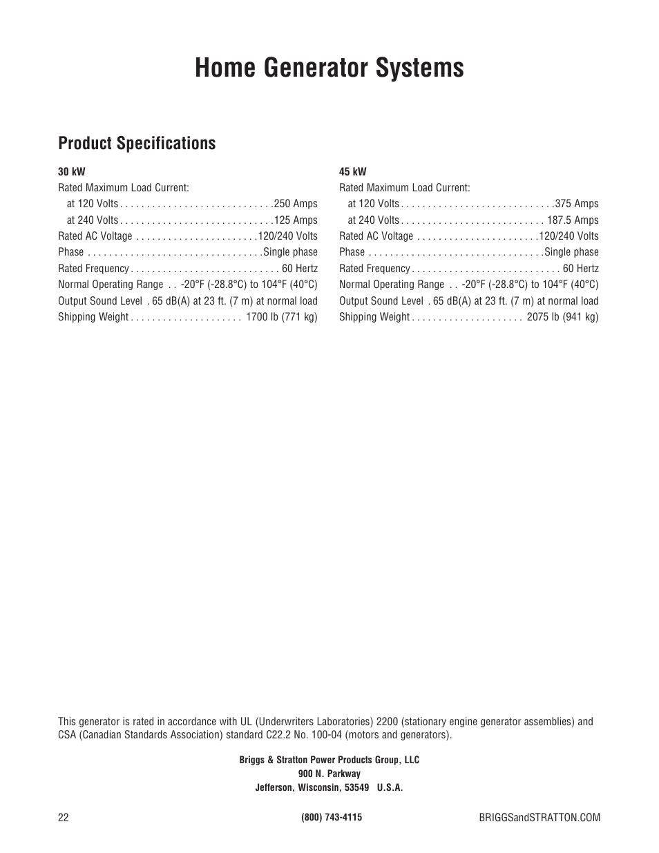 Home generator systems, Product specifications | Briggs & Stratton Liquid-Cooled Home Generator System User Manual | Page 22 / 68