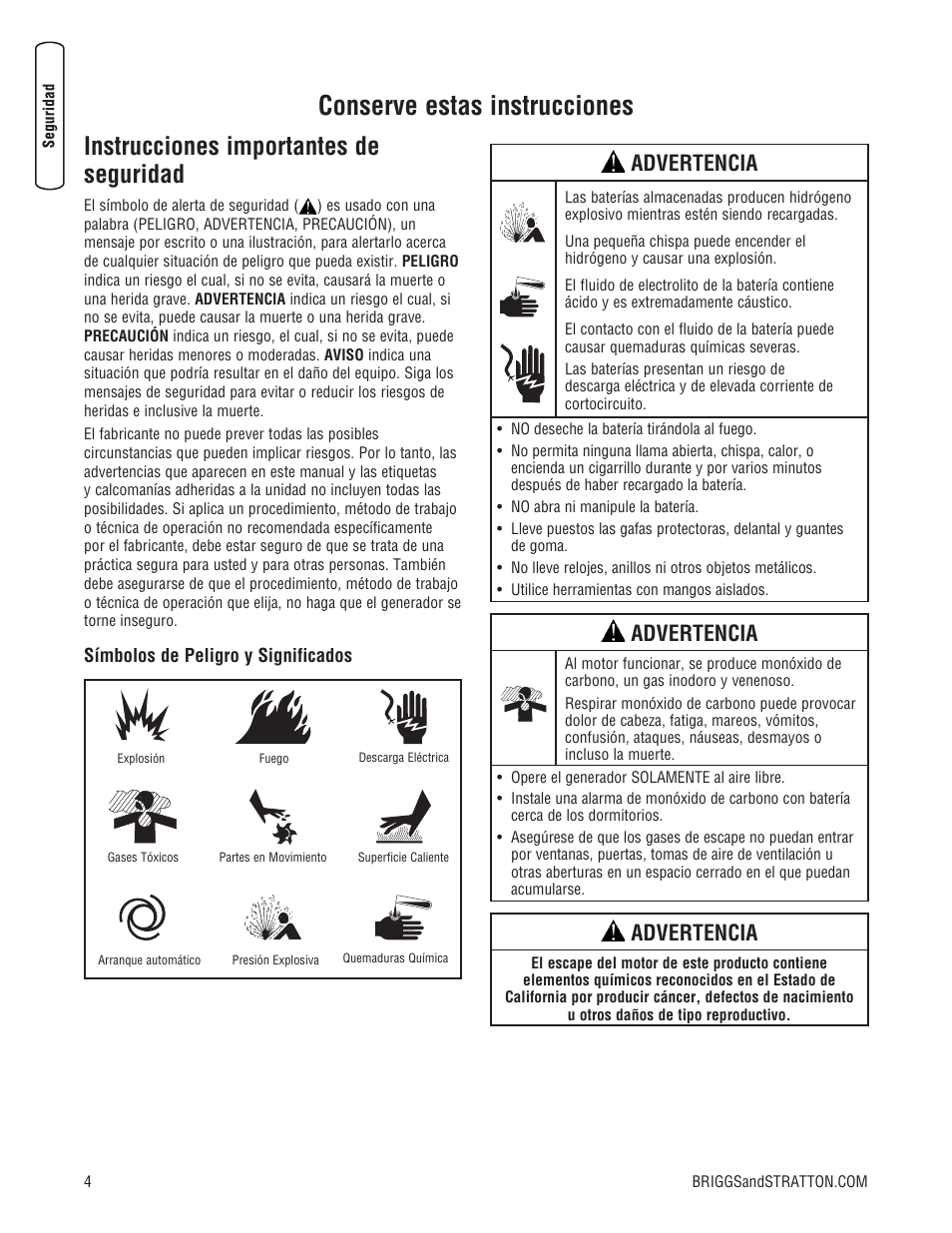 Conserve estas instrucciones, Instrucciones importantes de seguridad, Advertencia | Briggs & Stratton Liquid-Cooled Home Generator System User Manual | Page 26 / 68