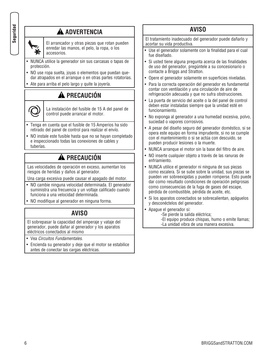 Advertencia, Precaución, Aviso | Briggs & Stratton Liquid-Cooled Home Generator System User Manual | Page 28 / 68