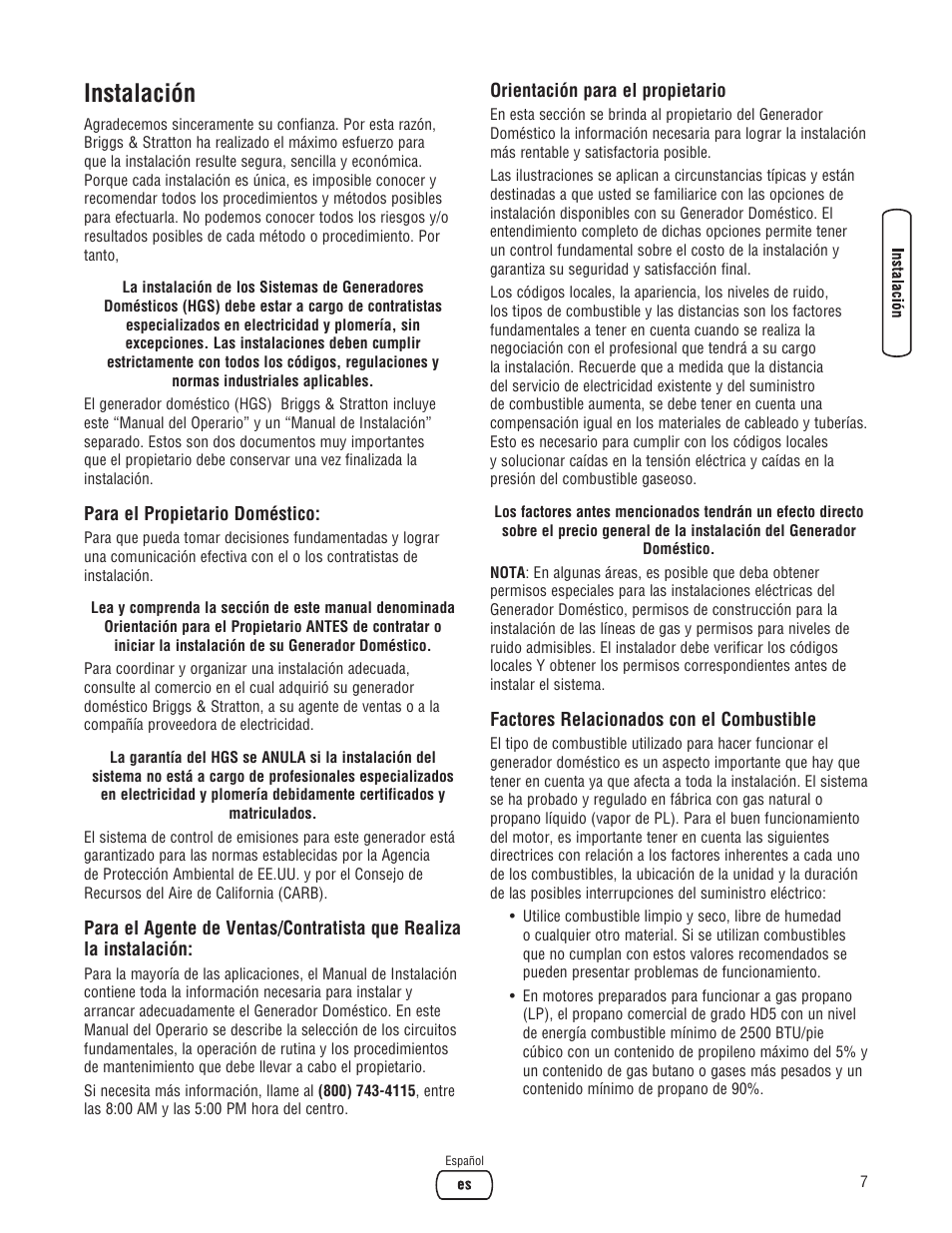 Instalación | Briggs & Stratton Liquid-Cooled Home Generator System User Manual | Page 29 / 68