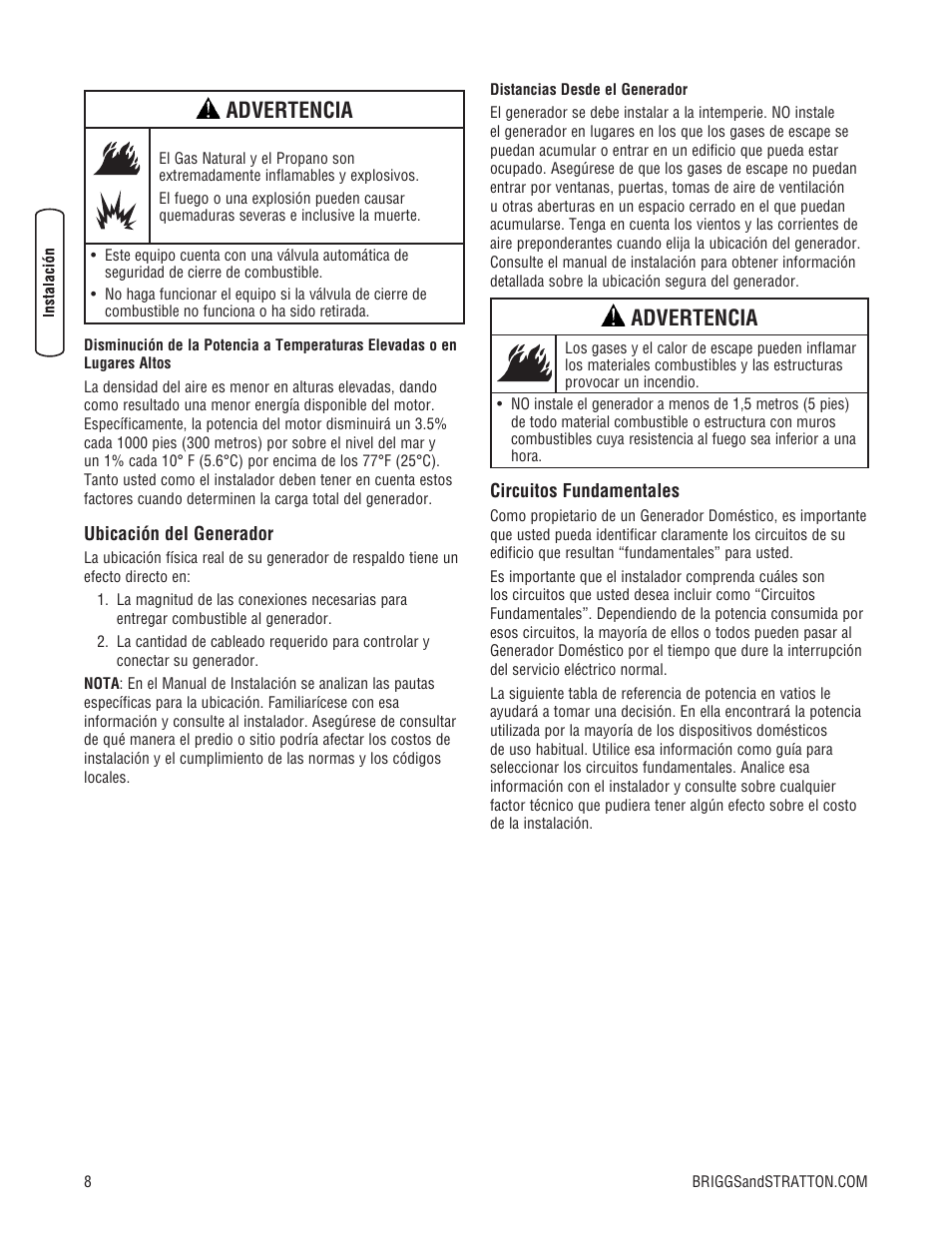 Advertencia | Briggs & Stratton Liquid-Cooled Home Generator System User Manual | Page 30 / 68