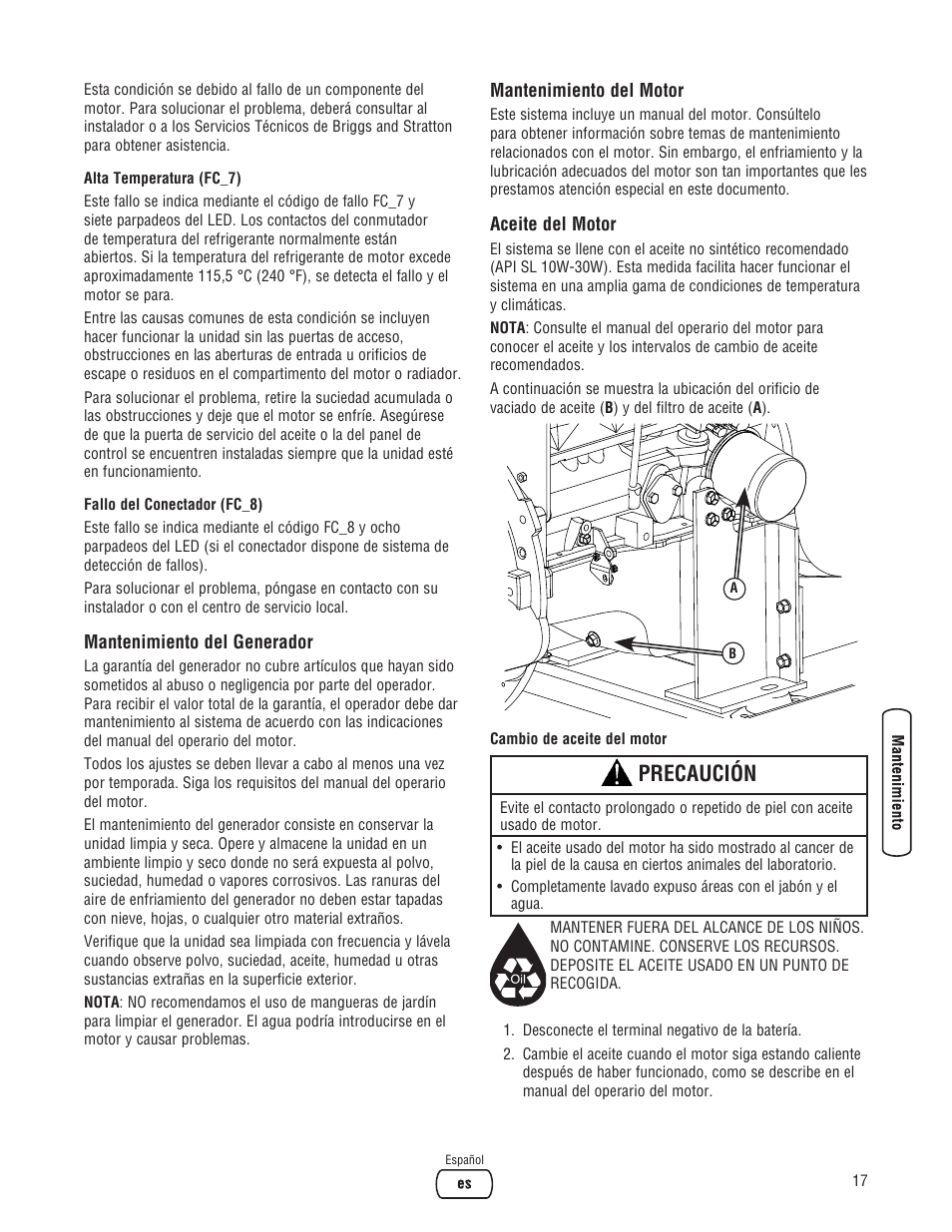 Precaución | Briggs & Stratton Liquid-Cooled Home Generator System User Manual | Page 39 / 68