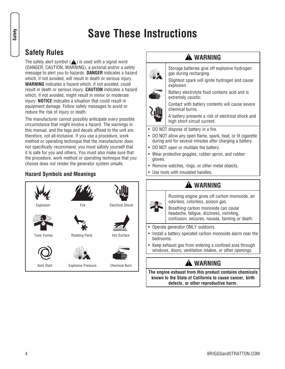 Save these instructions, Safety rules, Warning | Briggs & Stratton Liquid-Cooled Home Generator System User Manual | Page 4 / 68
