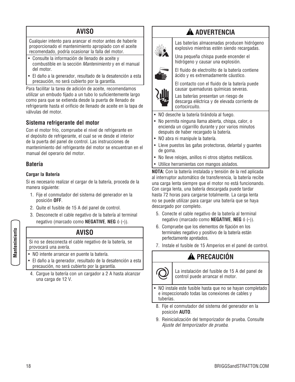 Aviso, Advertencia, Precaución | Briggs & Stratton Liquid-Cooled Home Generator System User Manual | Page 40 / 68