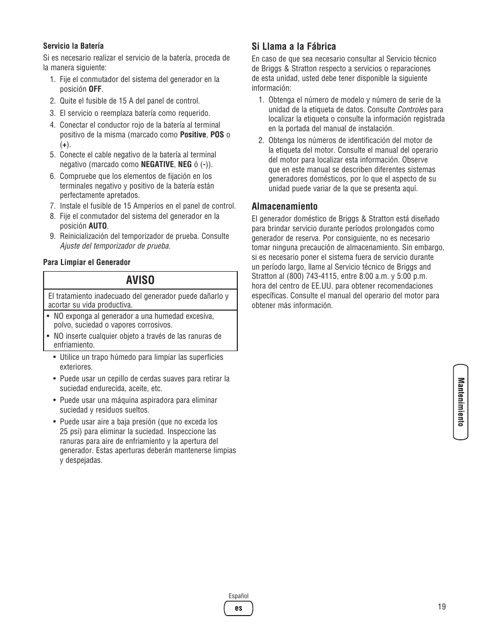 Aviso | Briggs & Stratton Liquid-Cooled Home Generator System User Manual | Page 41 / 68