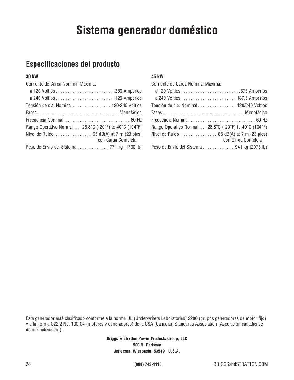 Sistema generador doméstico, Especificaciones del producto | Briggs & Stratton Liquid-Cooled Home Generator System User Manual | Page 46 / 68