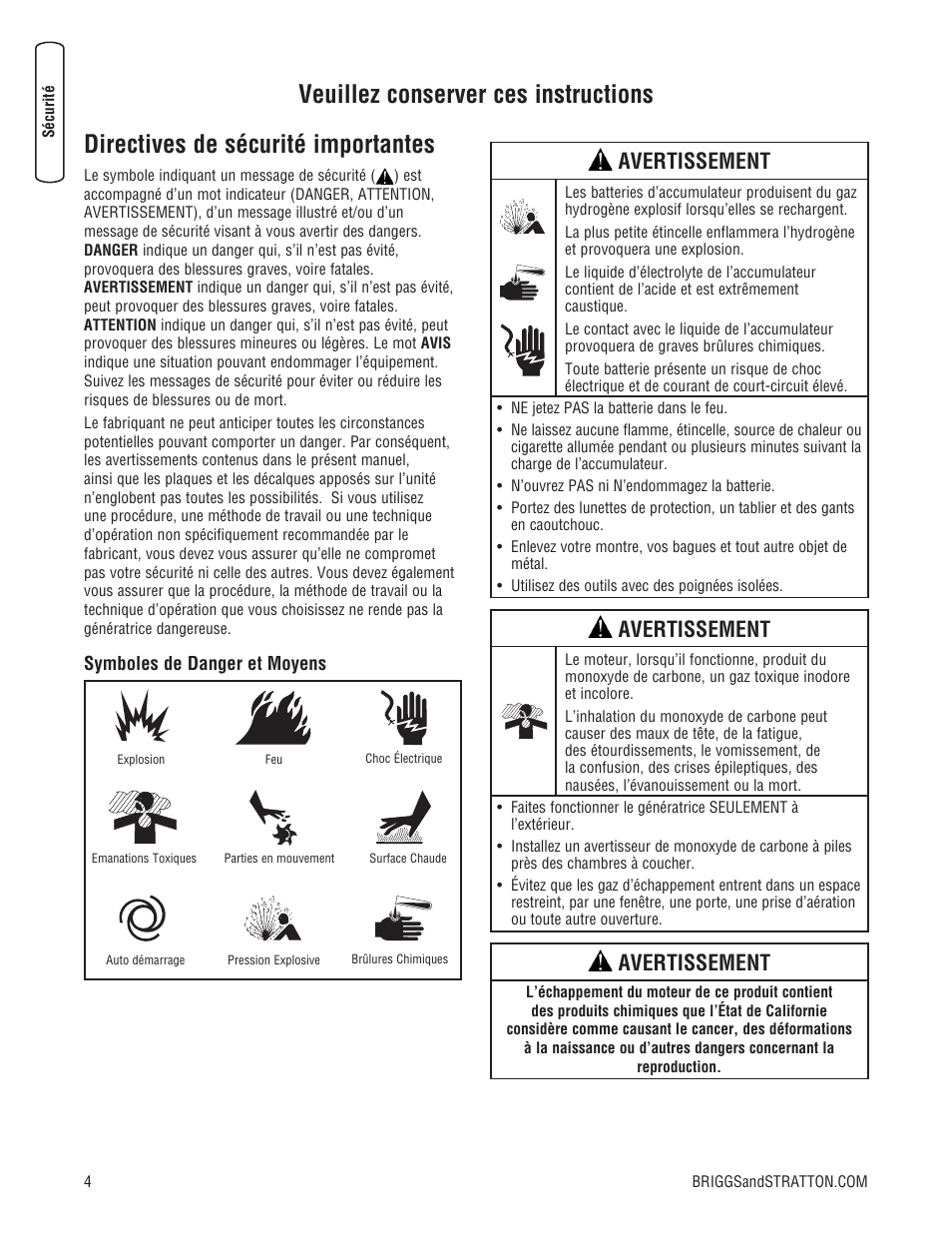 Directives de sécurité importantes, Veuillez conserver ces instructions, Avertissement | Briggs & Stratton Liquid-Cooled Home Generator System User Manual | Page 50 / 68
