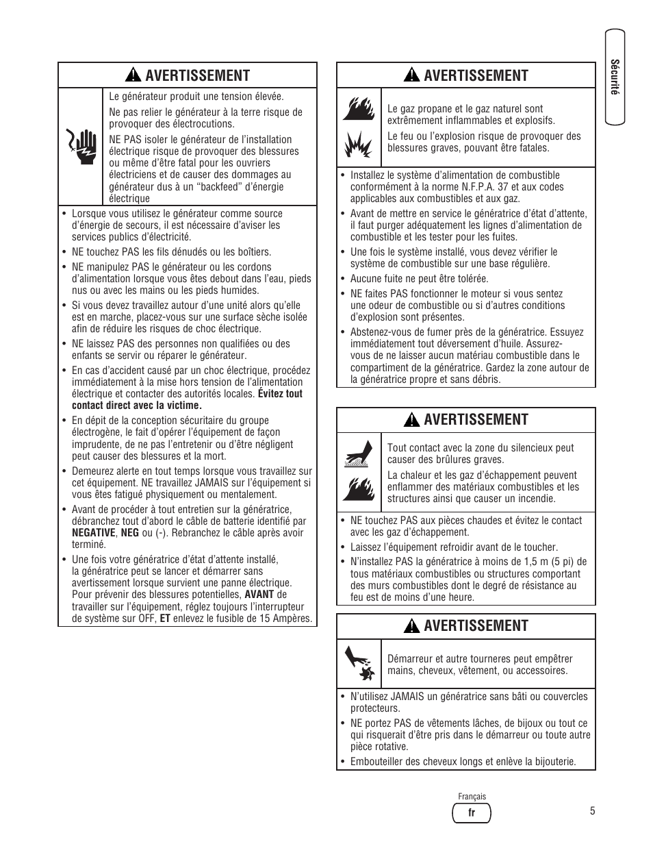 Avertissement | Briggs & Stratton Liquid-Cooled Home Generator System User Manual | Page 51 / 68