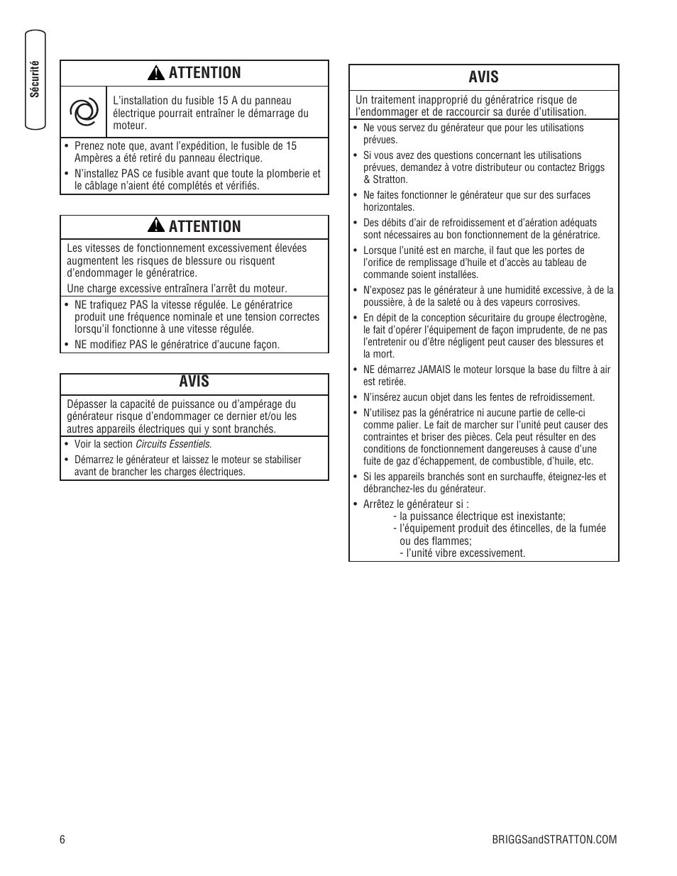 Attention, Avis | Briggs & Stratton Liquid-Cooled Home Generator System User Manual | Page 52 / 68