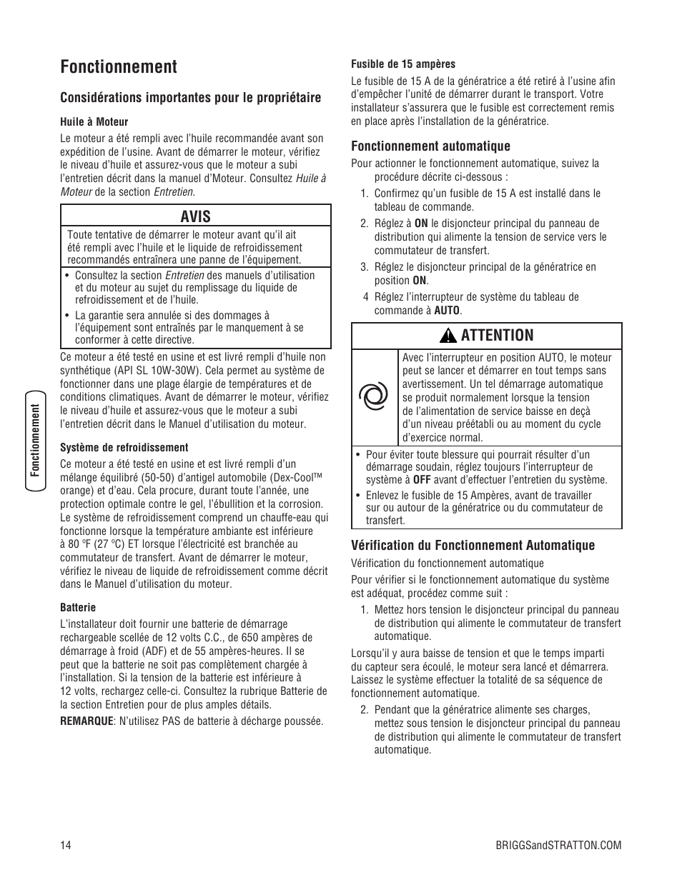 Fonctionnement, Avis, Attention | Briggs & Stratton Liquid-Cooled Home Generator System User Manual | Page 60 / 68
