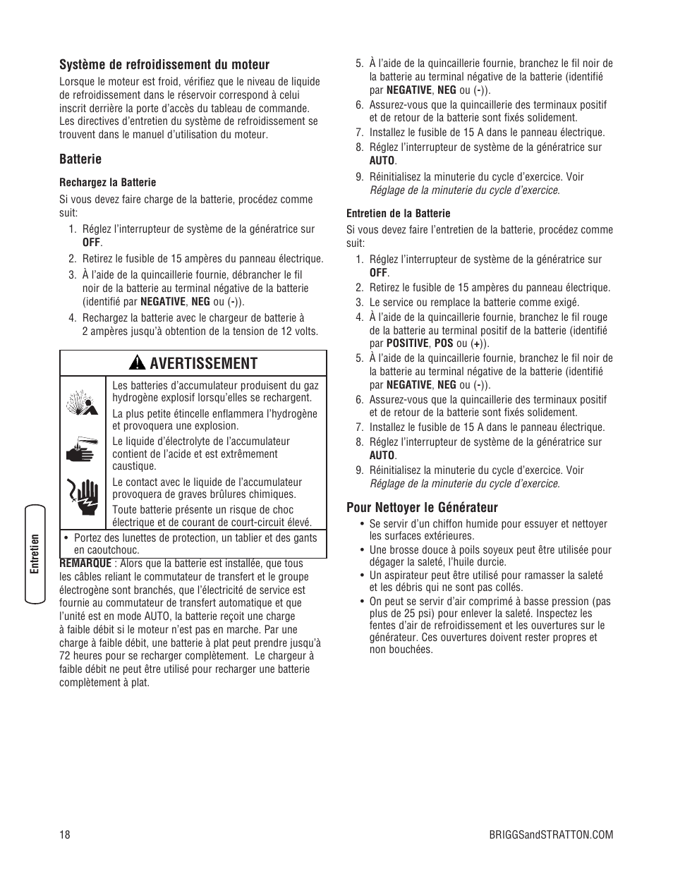 Avertissement | Briggs & Stratton Liquid-Cooled Home Generator System User Manual | Page 64 / 68