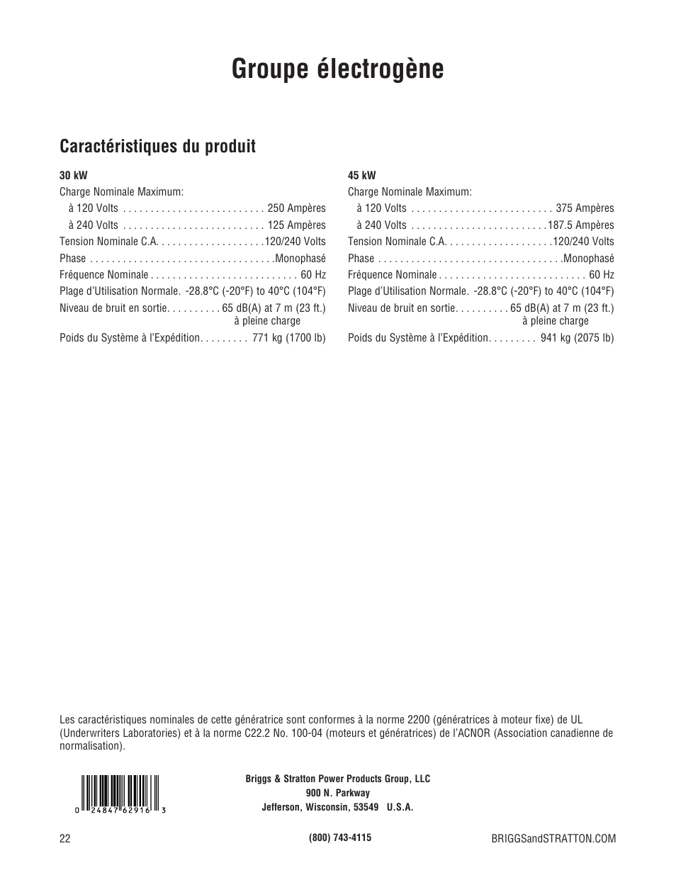 Groupe électrogène, Caractéristiques du produit | Briggs & Stratton Liquid-Cooled Home Generator System User Manual | Page 68 / 68