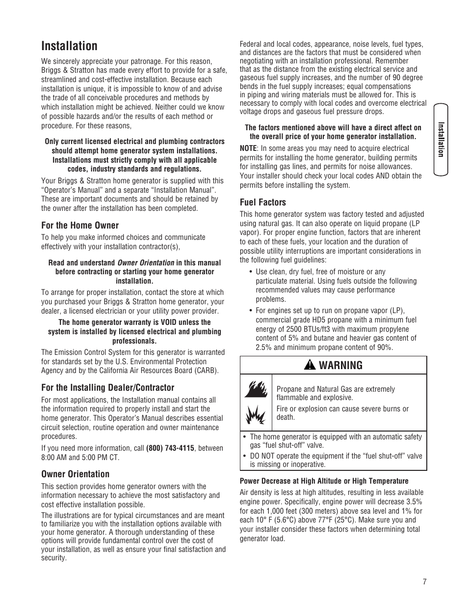 Installation, Warning | Briggs & Stratton Liquid-Cooled Home Generator System User Manual | Page 7 / 68